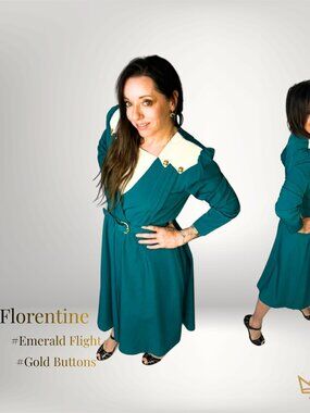 Vintage Florentine Emerald Belted Dress Gold Button Collar Size M